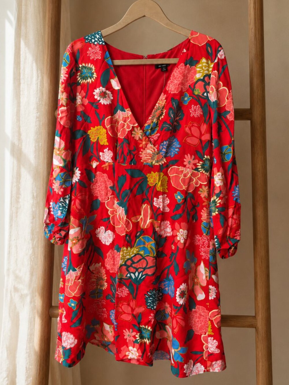 J.Crew Floral V-Neck Mini Dress Red Jade 60s Retro Long Sleeve 12 NWT
